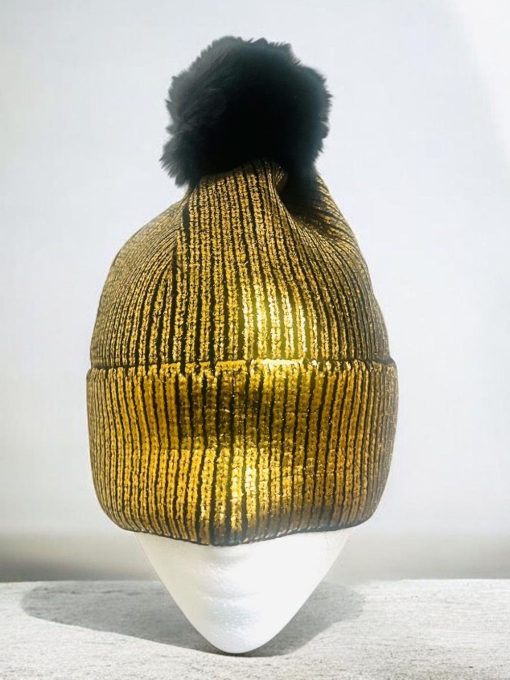 🔥🆕METALLIC Gold Beanie with Black Pom-Pom Beanie